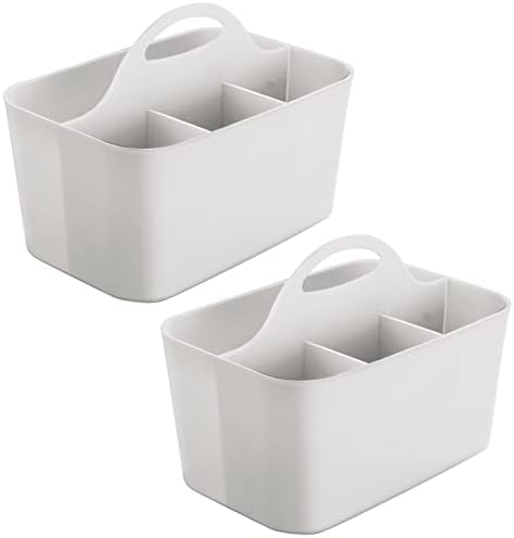 mDesign 2 Pack Light Gray Plastic Storage Tote with Handle