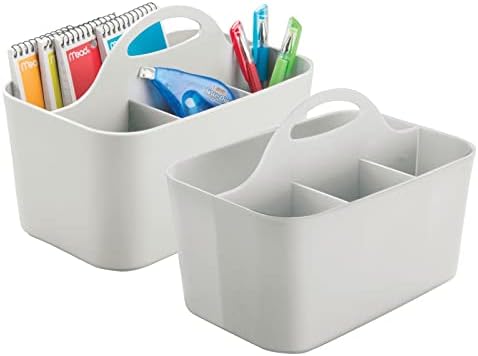 mDesign 2 Pack Light Gray Plastic Storage Tote with Handle