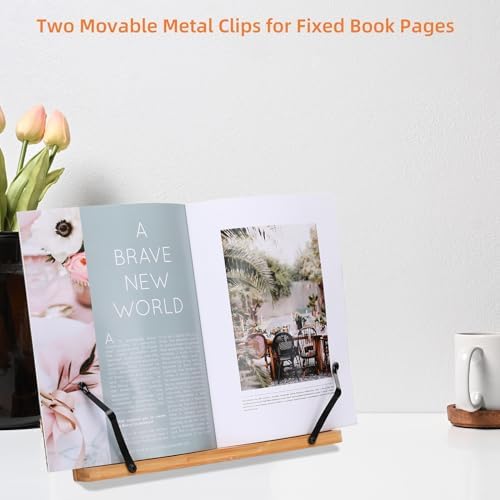 MEGREZ Bamboo Book Stand with Adjustable Height and Page Clips