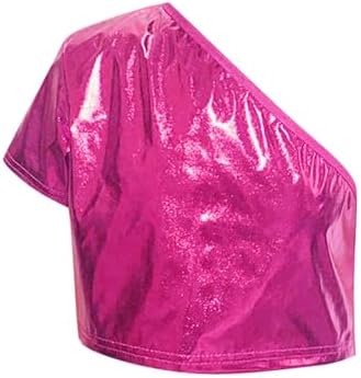 Kids Girls Sparkly Metallic Shiny One Shoulder Crop Top