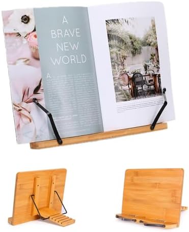 MEGREZ Bamboo Book Stand with Adjustable Height and Page Clips