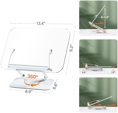 BYMECOST Acrylic Book Stand with 360 Rotating Base and Elastic Page Clips