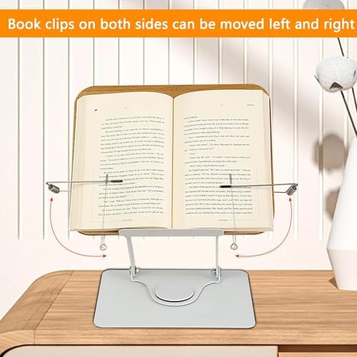 Adjustable Book Stand with 360 Swivel Base and Page Clips
