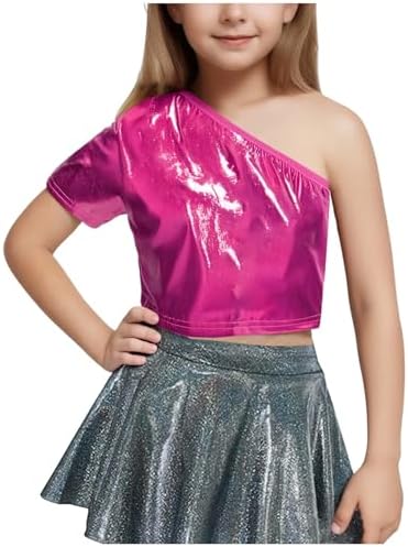 Kids Girls Sparkly Metallic Shiny One Shoulder Crop Top