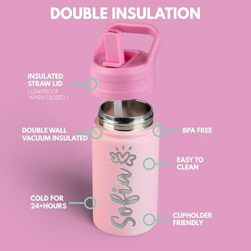 Personalized Kids Water Bottle with Name Icon - 12 oz Pink