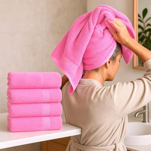 Premium Natural Cotton Bath Towel Set - 4-Pack Pink