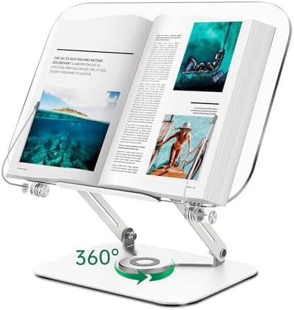 Adjustable Book Stand with 360 Rotating Base and Page Clips