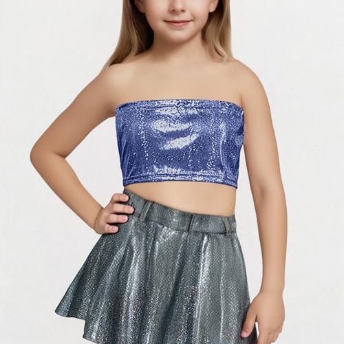 Kids Girls Shiny Metallic Crop Tops for Dance and Performance