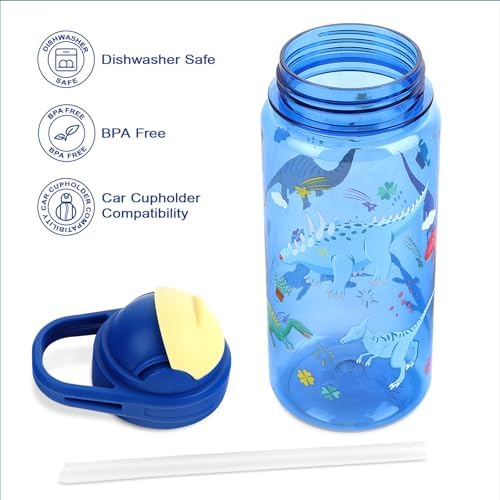Queenshin Kids Water Bottle with Flip-Up Straw and Carry Handle 20oz Dinosaurs