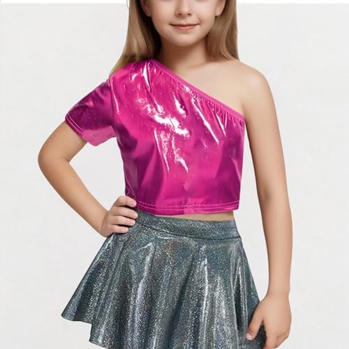 Kids Girls Sparkly Metallic Shiny One Shoulder Crop Top