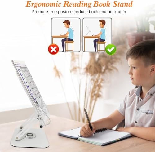 Adjustable Book Stand with 360 Rotating Base and Page Clips