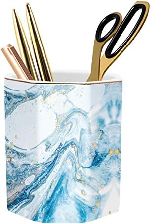 WAVEYU Blue Marble Pencil Holder for Desk