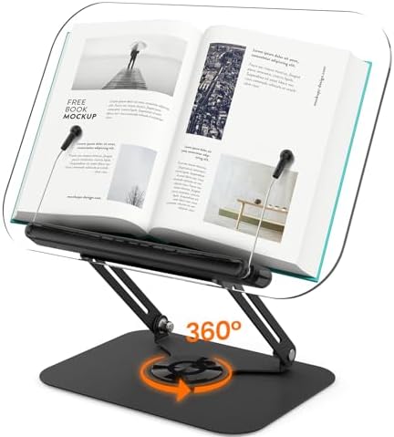 BYMECOST Acrylic Book Stand with 360 Rotating Base and Elastic Page Clips