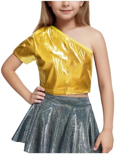 Kids Girls Sparkly Metallic Shiny One Shoulder Crop Top 1