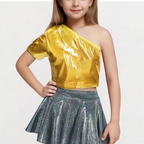 Kids Girls Sparkly Metallic Shiny One Shoulder Crop Top 1