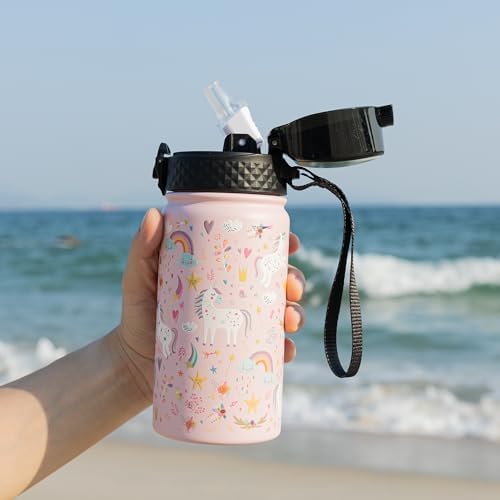 GOPPUS Kids Water Bottle with Straw Lid - 14 Oz Stainless Steel Travel Bottle