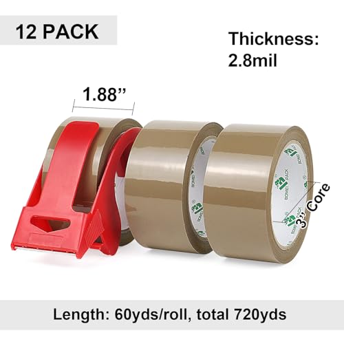 BOMEI PACK Heavy Duty Brown Packing Tape 12 Rolls with Dispenser