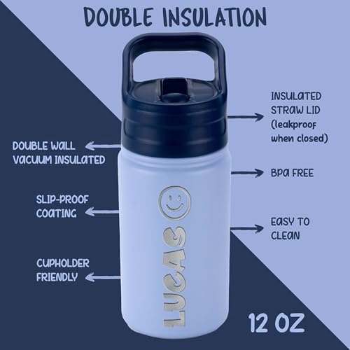 Custom Kids Water Bottle with Engraved Name and Icon 12 oz Sky Blue