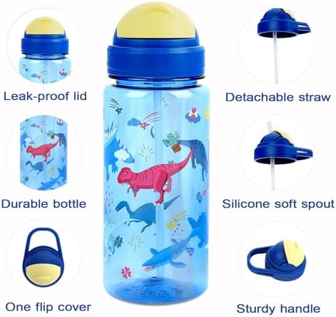 Queenshin Kids Water Bottle with Flip-Up Straw and Carry Handle 20oz Dinosaurs