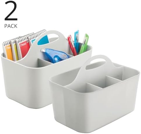 mDesign 2 Pack Light Gray Plastic Storage Tote with Handle