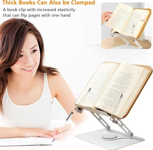 Adjustable Book Stand with 360 Swivel Base and Page Clips