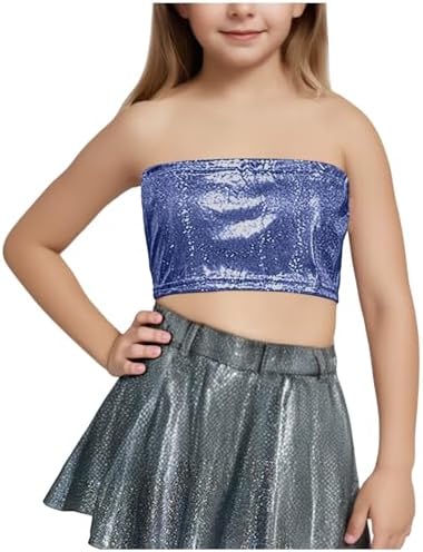 Kids Girls Shiny Metallic Crop Tops for Dance and Performance