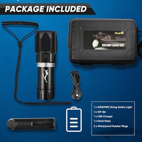 WINDFIRE Scuba Diving Flashlight with 3 Modes and 80m Waterproof Rating