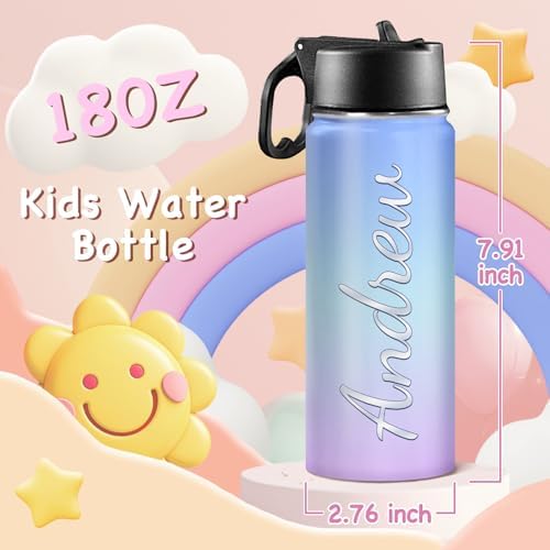 Personalized Insulated Water Bottle for Kids 18oz Stainless Steel with Straw Lid