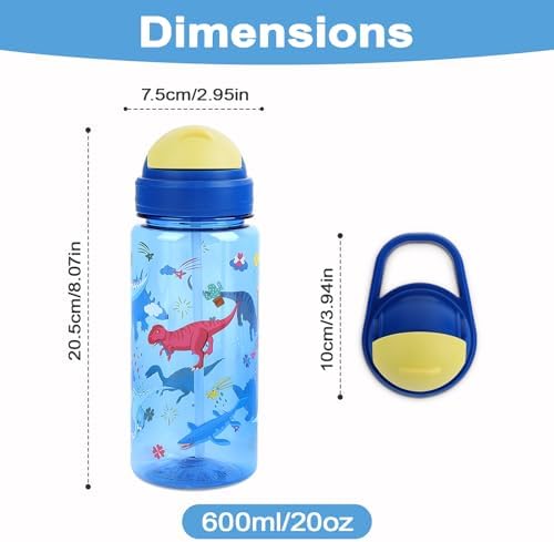 Queenshin Kids Water Bottle with Flip-Up Straw and Carry Handle 20oz Dinosaurs