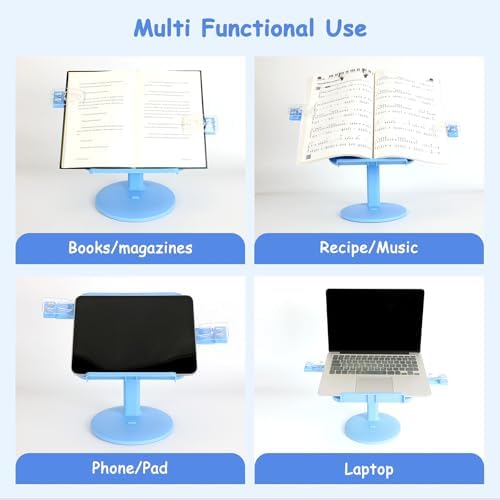 AssHMKIT Kids Book Stand with Page Clips and Foldable Design Blue