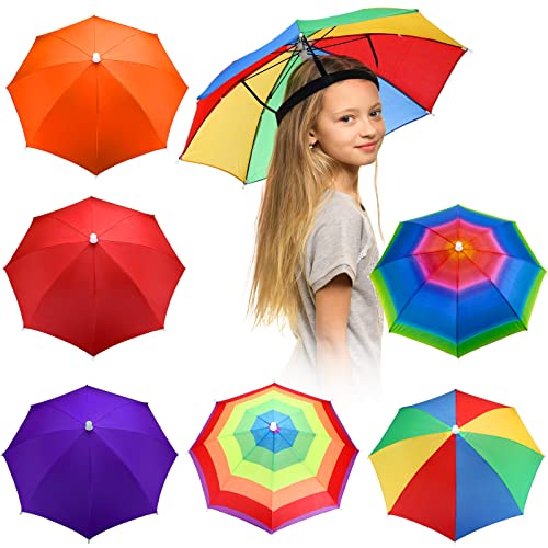 6 Pack Rainbow Umbrella Hats for Kids - Waterproof Elastic Folding