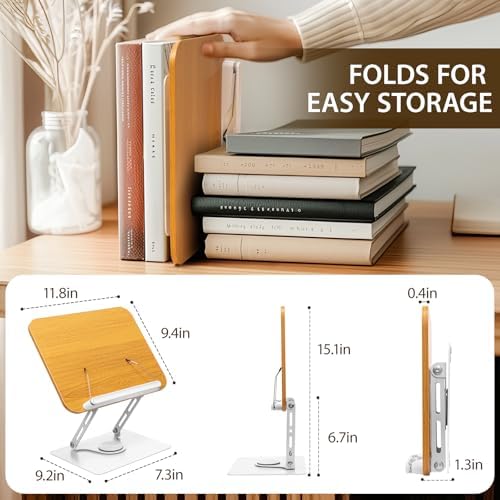 SJEhome Foldable Book Stand - 360 Rotate Wooden Reading Holder