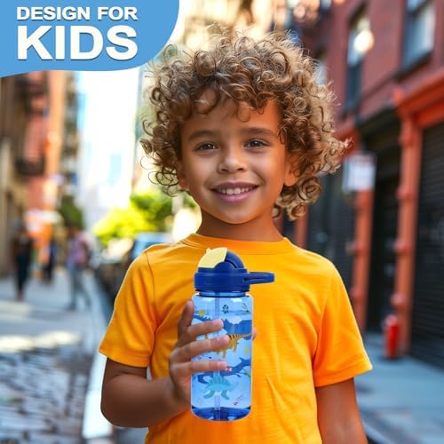 Queenshin Kids Water Bottle with Flip-Up Straw and Carry Handle 20oz Dinosaurs