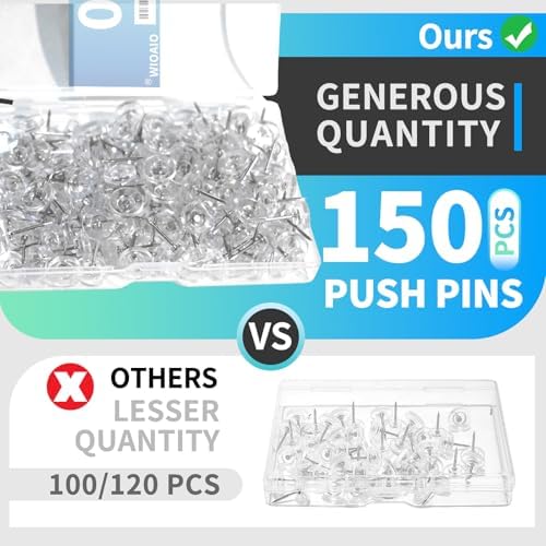 150 PCS Clear Push Pins in Reusable Box for Walls