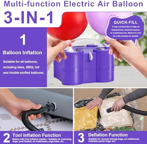 FLSEPAMB 3-in-1 Electric Balloon Pump with Dual Nozzles and Balloon Cutter
