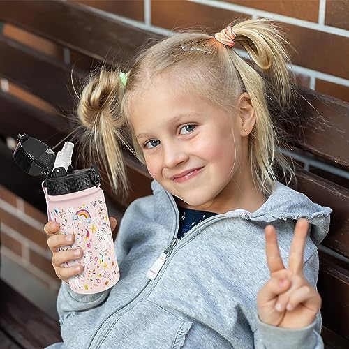 GOPPUS Kids Water Bottle with Straw Lid - 14 Oz Stainless Steel Travel Bottle