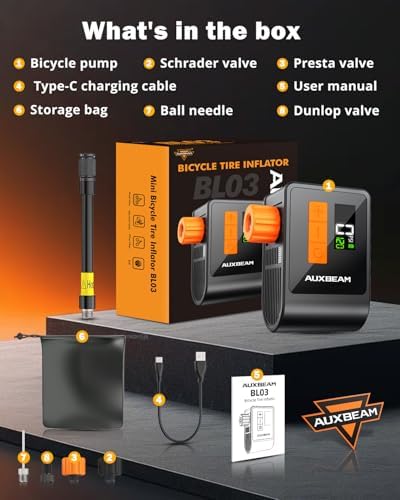 Auxbeam 120PSI Electric Bike Pump with Gauge and Dual Valves