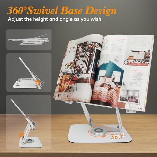Adjustable Book Stand with 360 Rotating Base and Page Clips