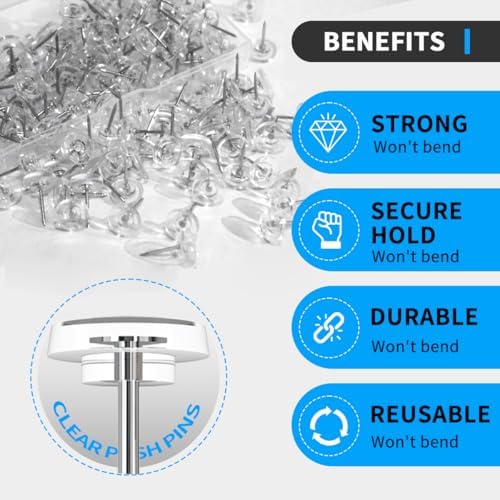 150 PCS Clear Push Pins in Reusable Box for Walls