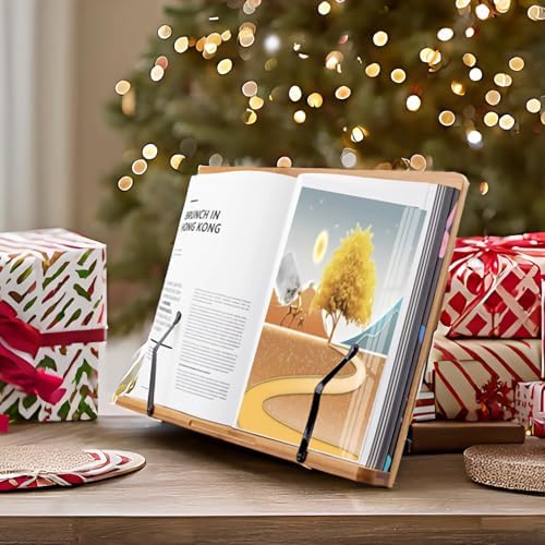 Bamboo Book Stand for Large Books Adjustable Hands Free