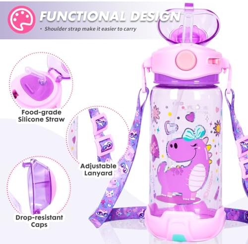 YOYTOO 22oz BPA Free Kids Water Bottle with Straw and Lanyard