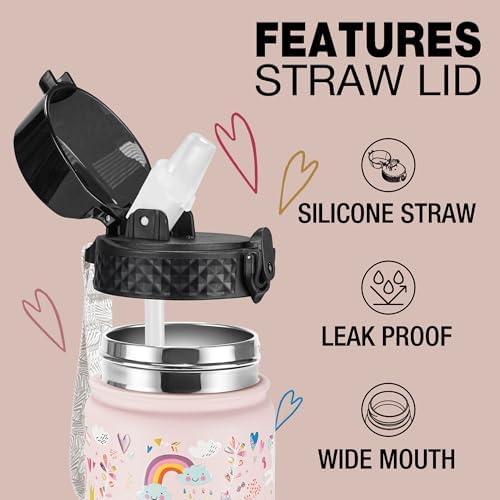 GOPPUS Kids Water Bottle with Straw Lid - 14 Oz Stainless Steel Travel Bottle