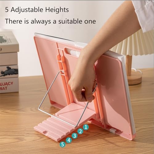 Adjustable Book Stand for Reading with 5 Positions and Page Clips Pink