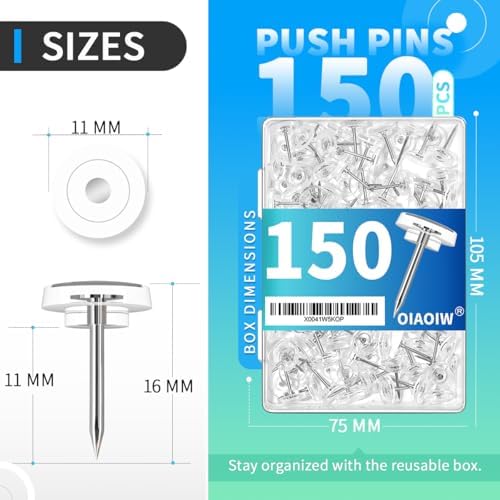 150 PCS Clear Push Pins in Reusable Box for Walls