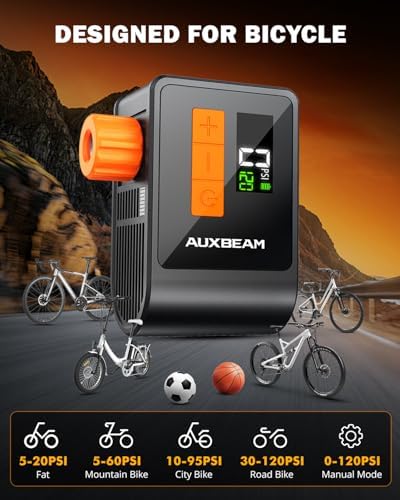 Auxbeam 120PSI Electric Bike Pump with Gauge and Dual Valves