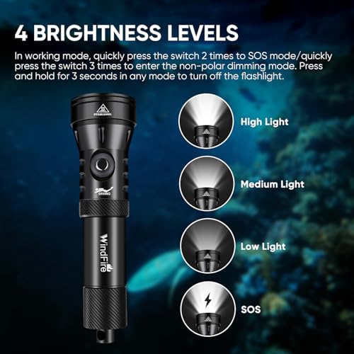 WINDFIRE 4 Modes Diving Flashlight with IPX8 Waterproof