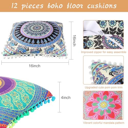 Ganeen 12 Pcs Boho Floor Cushions for Kids Classroom Seating