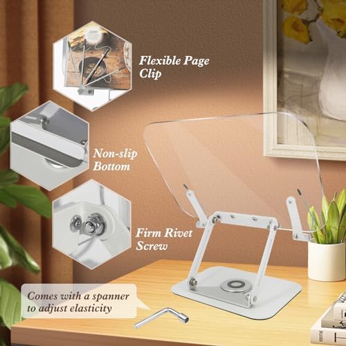 Adjustable Book Stand with 360 Rotating Base and Page Clips