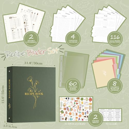 Lanpn Recipe Binder 85x11 Green Waterproof 60 Plastic Sleeves 116 Recipes