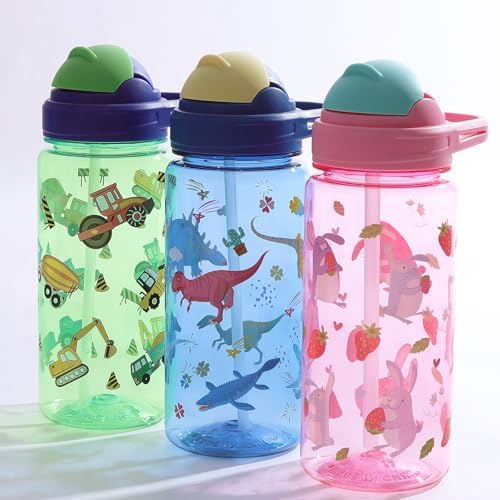 Queenshin Kids Water Bottle with Flip-Up Straw and Carry Handle 20oz Dinosaurs
